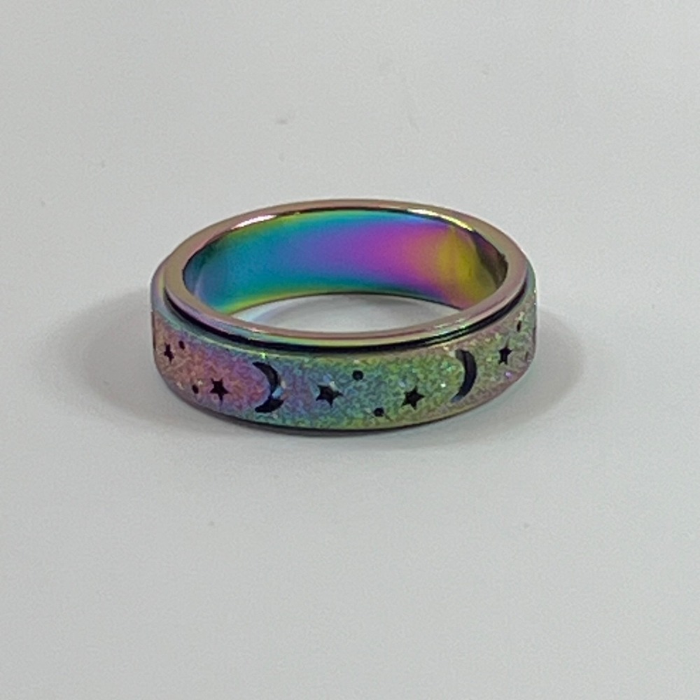 Size 8 Titanium Stainless Steel Rainbow Moon Star Anxiety Fidget Spinner Ring - Picture 3 of 5